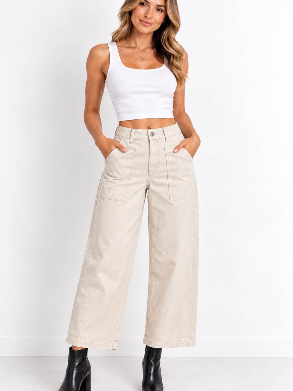 UNIONBAY High-Rise Wide-Leg Crop Jeans in Light Beige 30x26in NWT